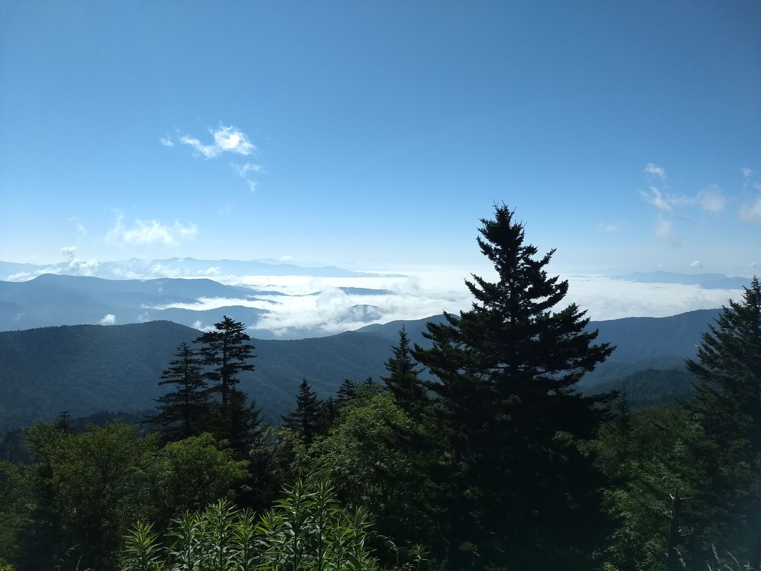 Mountainous view with valley filled with low clouds